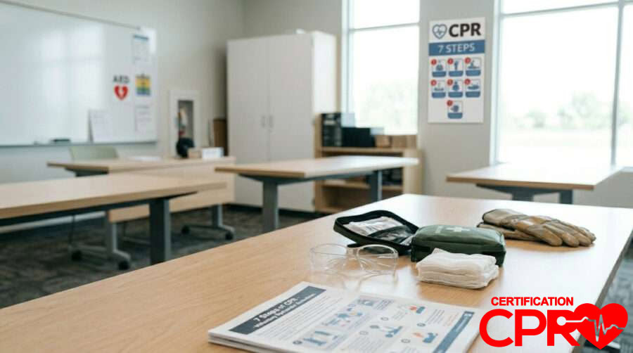 CPR training setup with manikins and instructional materials in Fort Worth.