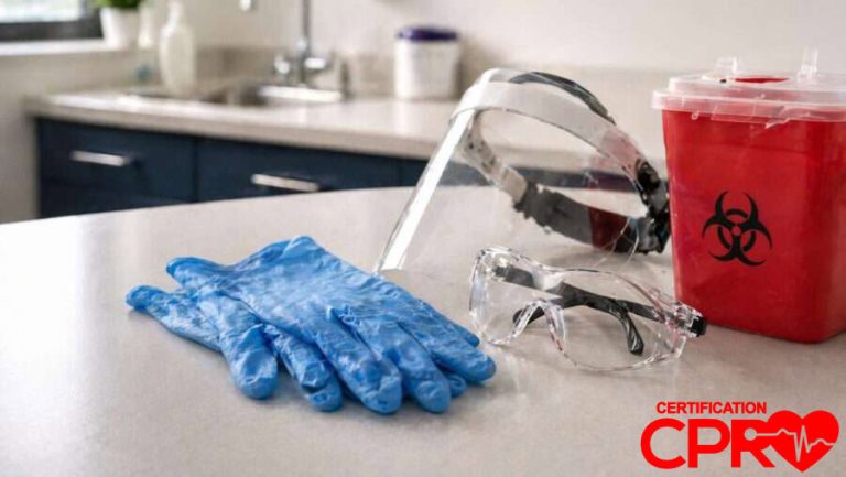 CPR training supplies including gloves, goggles, and biohazard container in Fort Worth.