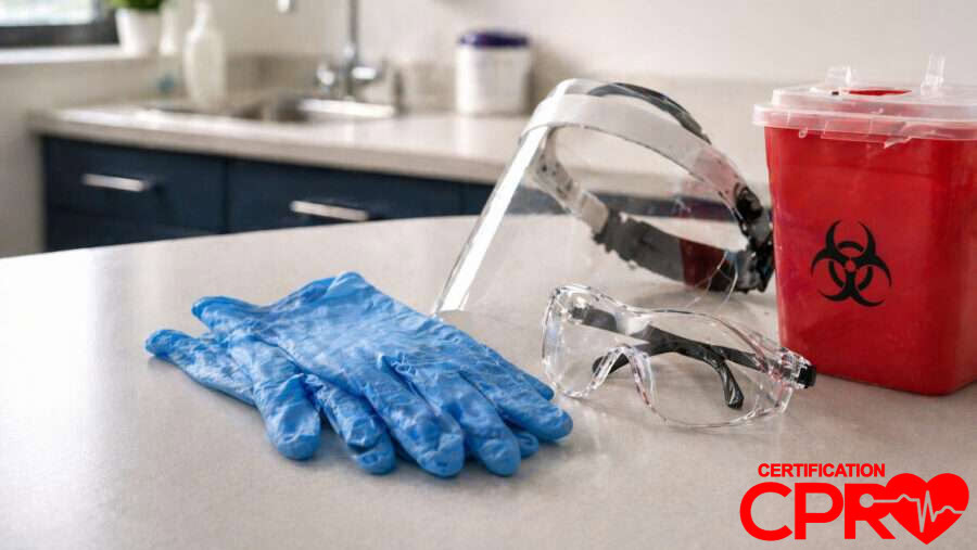 CPR training supplies including gloves, goggles, and biohazard container in Fort Worth.